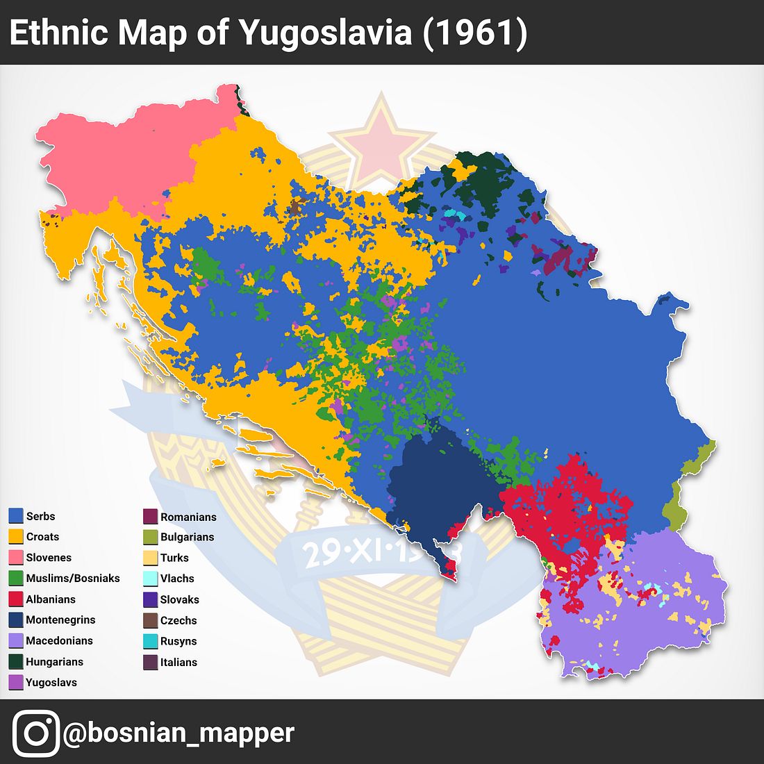 Map of Yugoslavia and its ethnicities in 1961. Note that the Bosnian ethnicity was Muslim and a minority in Bosnia.
