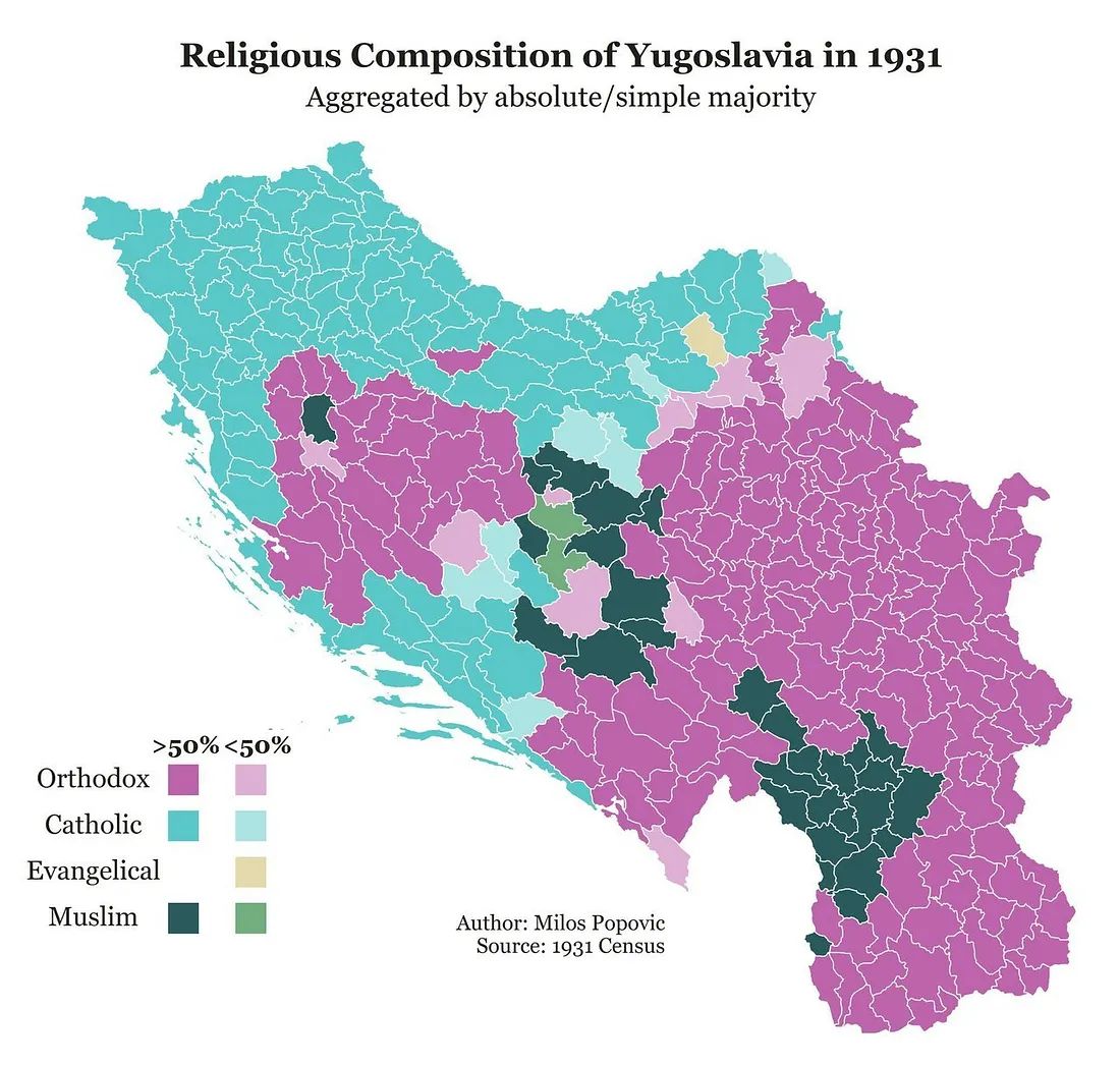 Religious map of 1st Yugoslavia. Note the abundance of Muslims around Serbia, the large Orthodox mass on the right-hand side.